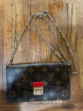 Monogram Crossbody Wallet in Brown with Red Accent
